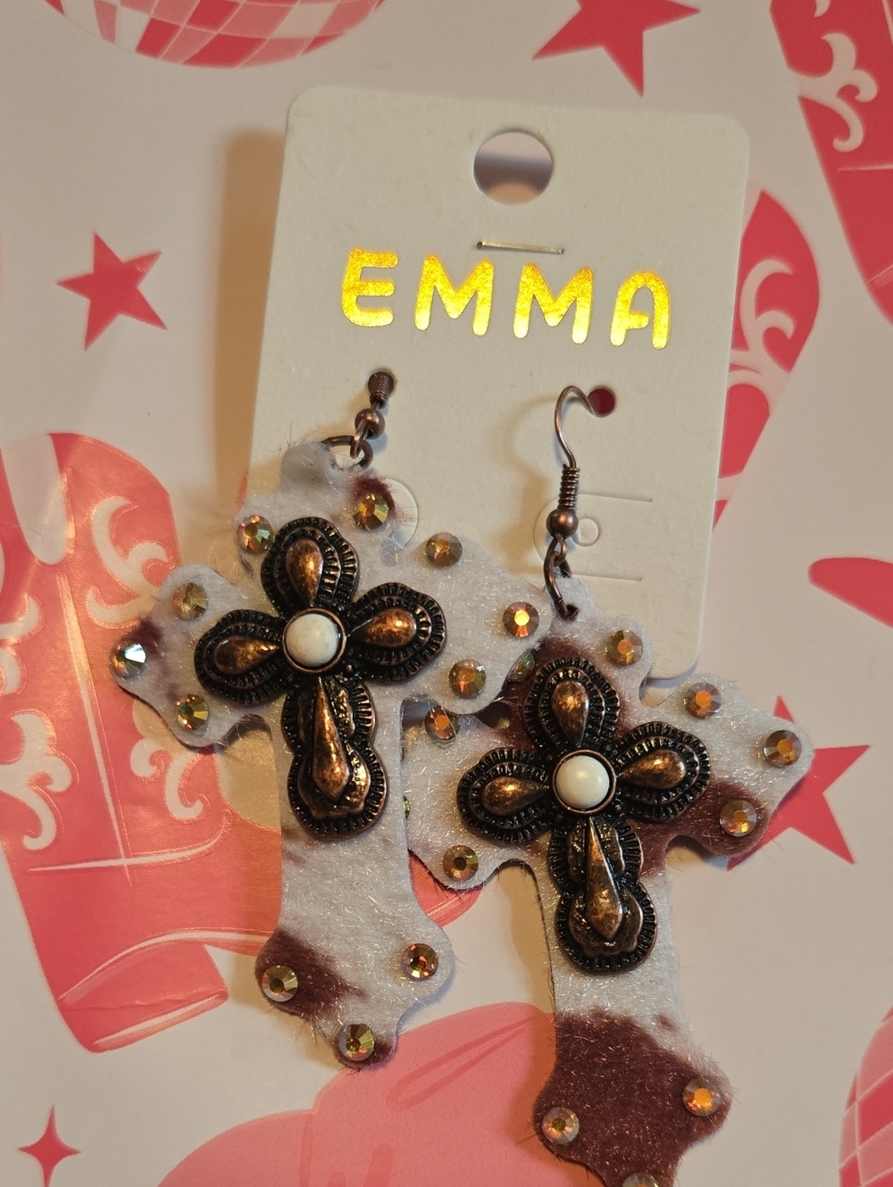 Emma White and Brown Cross Earrings with Bronze Accents NWT
